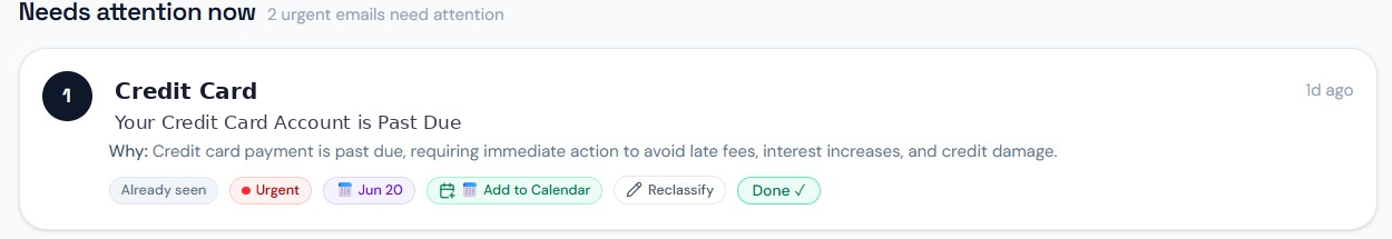 Example MailBeacon urgent card detecting a past-due credit card payment with calendar and done actions